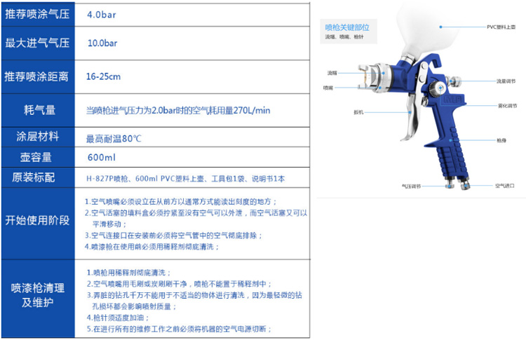 氣動噴槍H827 原裝標(biāo)配噴涂工具設(shè)備 用于耐溫涂層材料噴射 易清洗維護-2